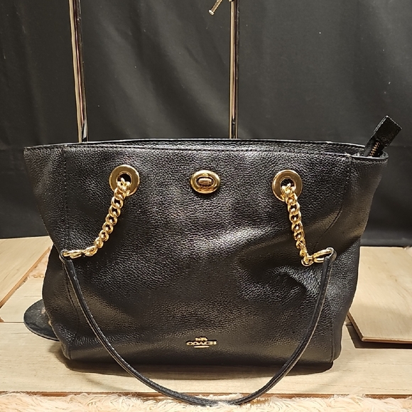 Coach Handbags - Coach Black Leather Shoulder Bag with Gold Accents